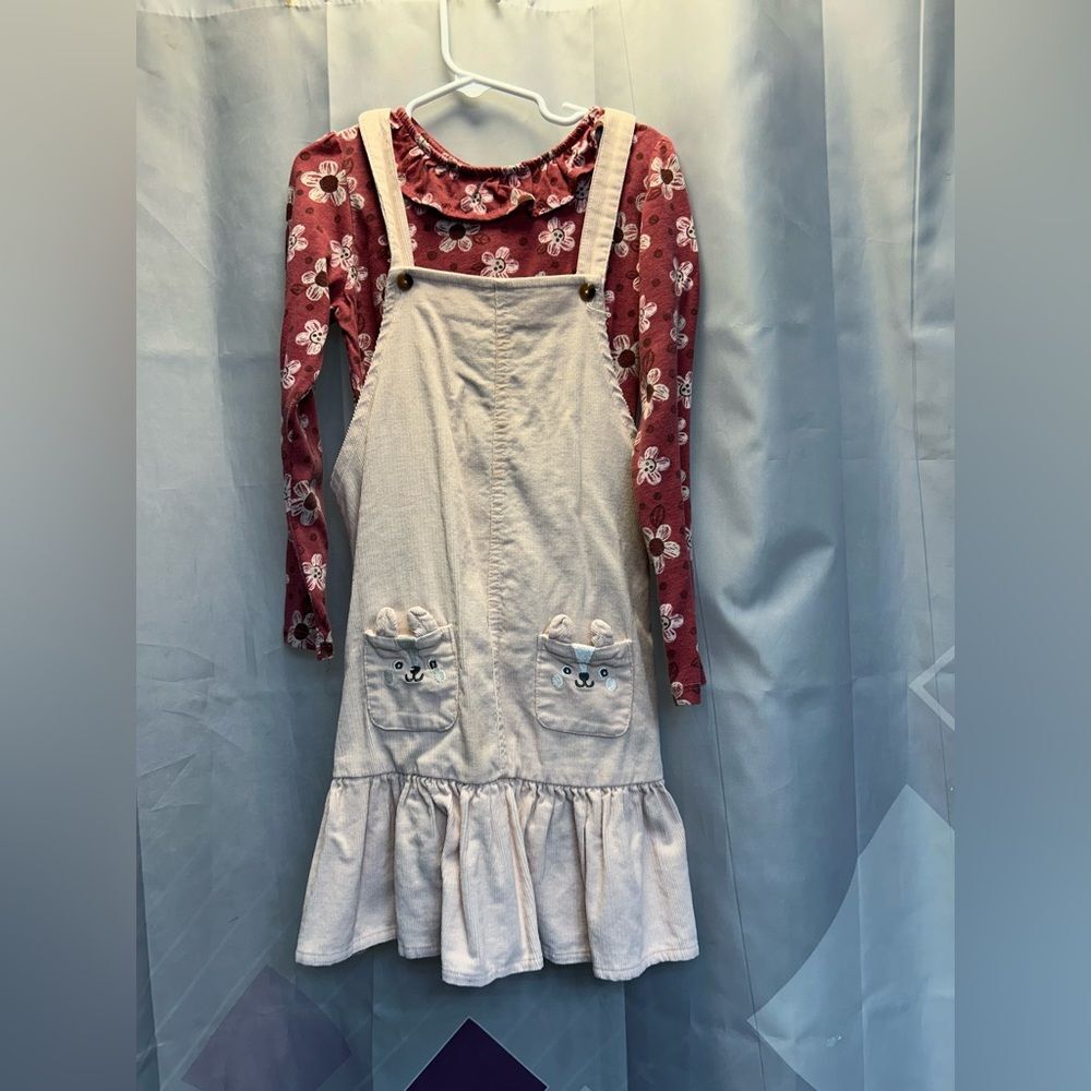 Forever Me girls' corduroy pinafore dress with a long-sleeve floral shirt